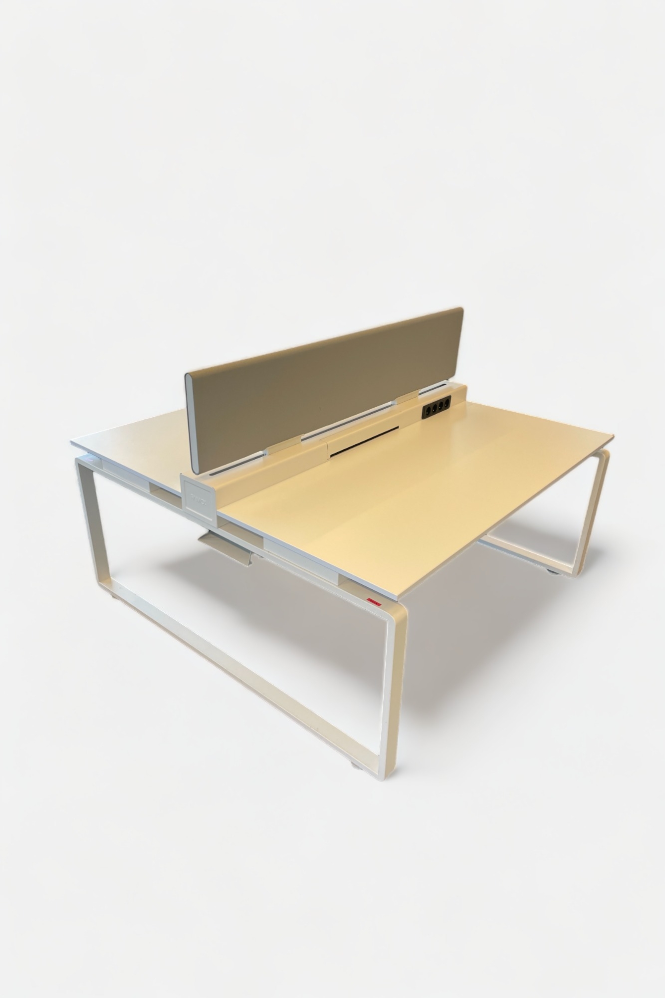 FAMO white duo desk with wooden bench, white legs and grey separator 160cm