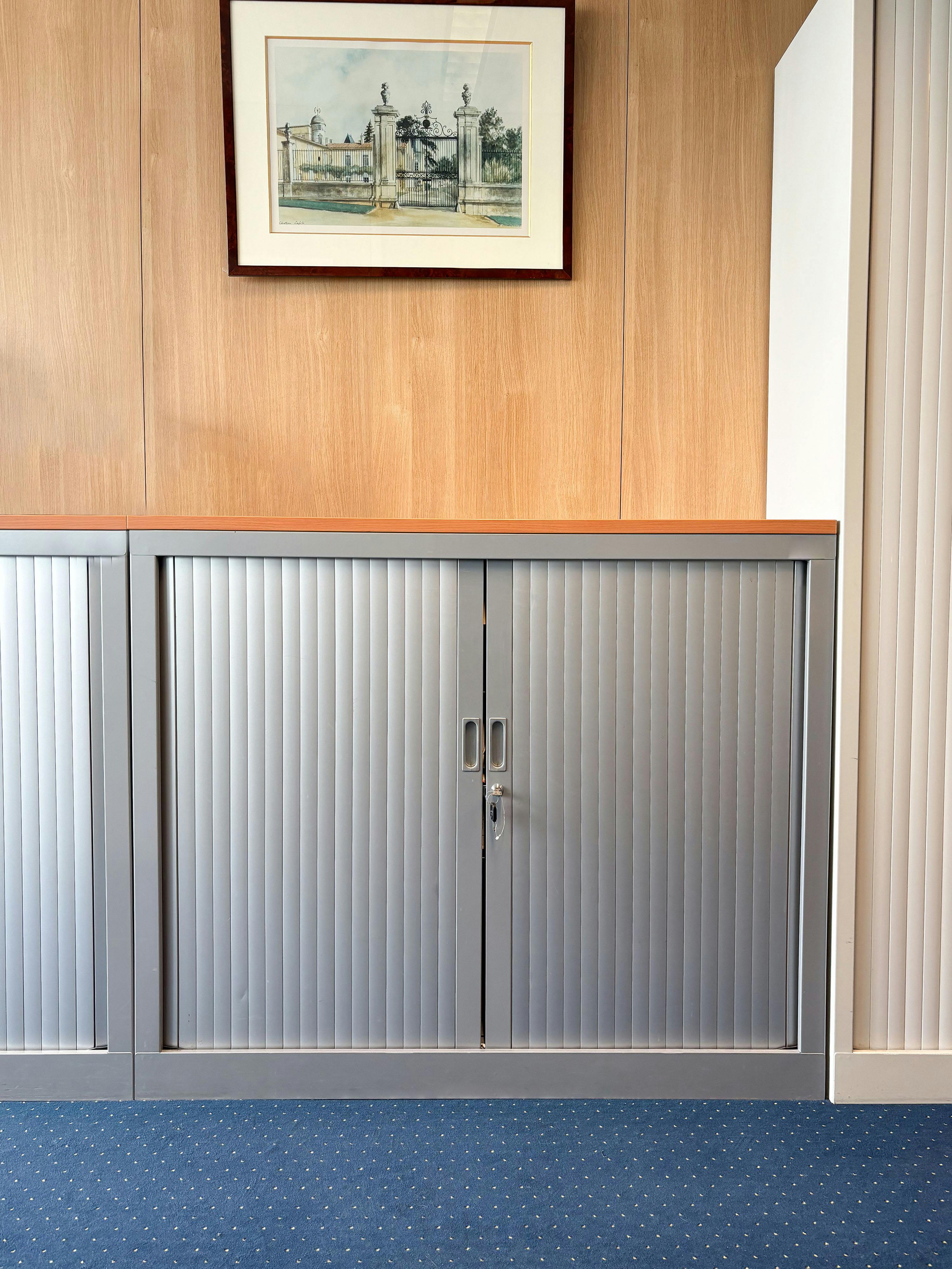 Armoire de rangement en métal gris avec portes verrouillées, étagères intérieures réglables et dessus en bois chaleureux - Relieve Furniture