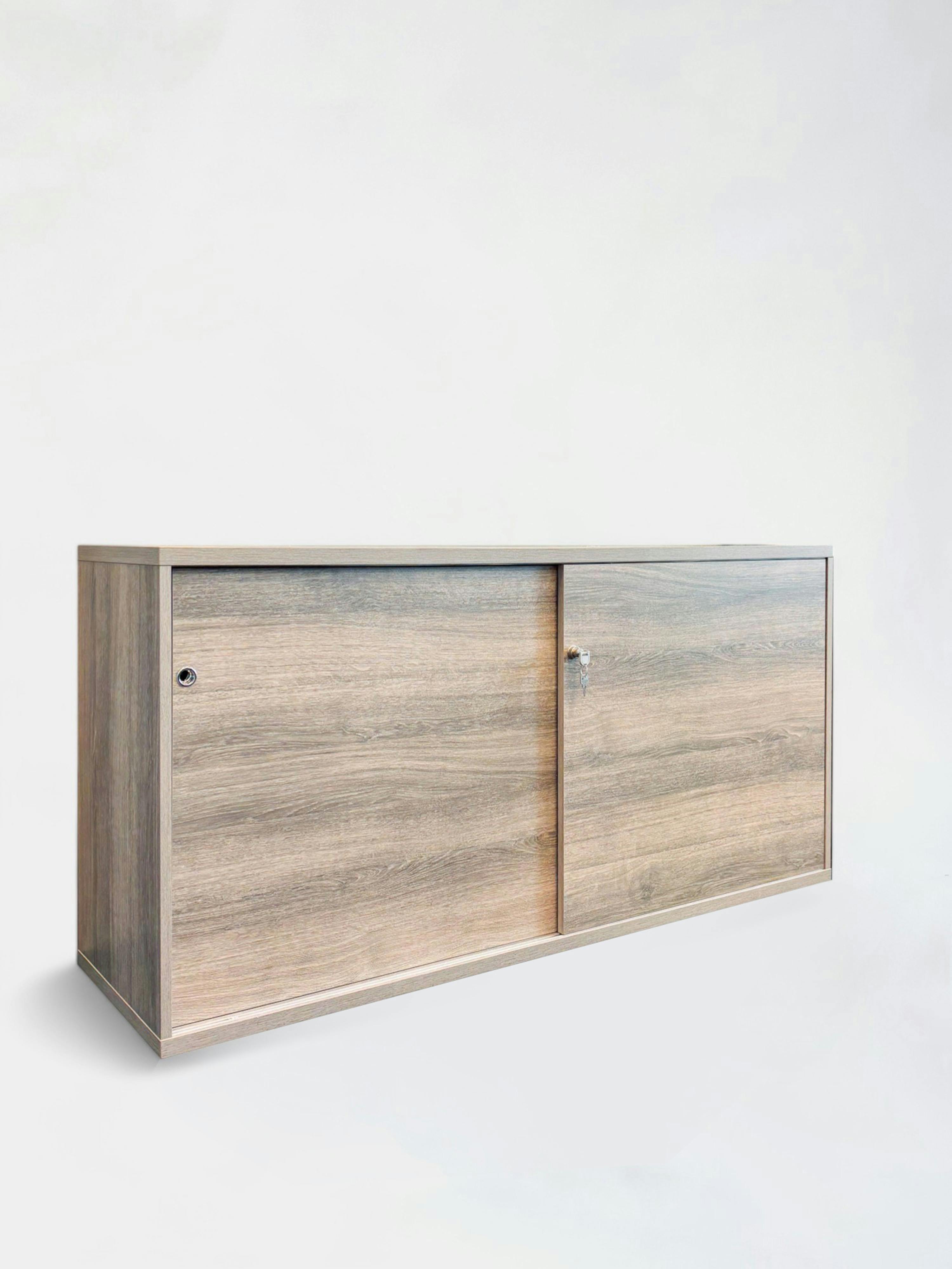 Armoire de bureau en bois gris avec portes verrouillées - Relieve Furniture