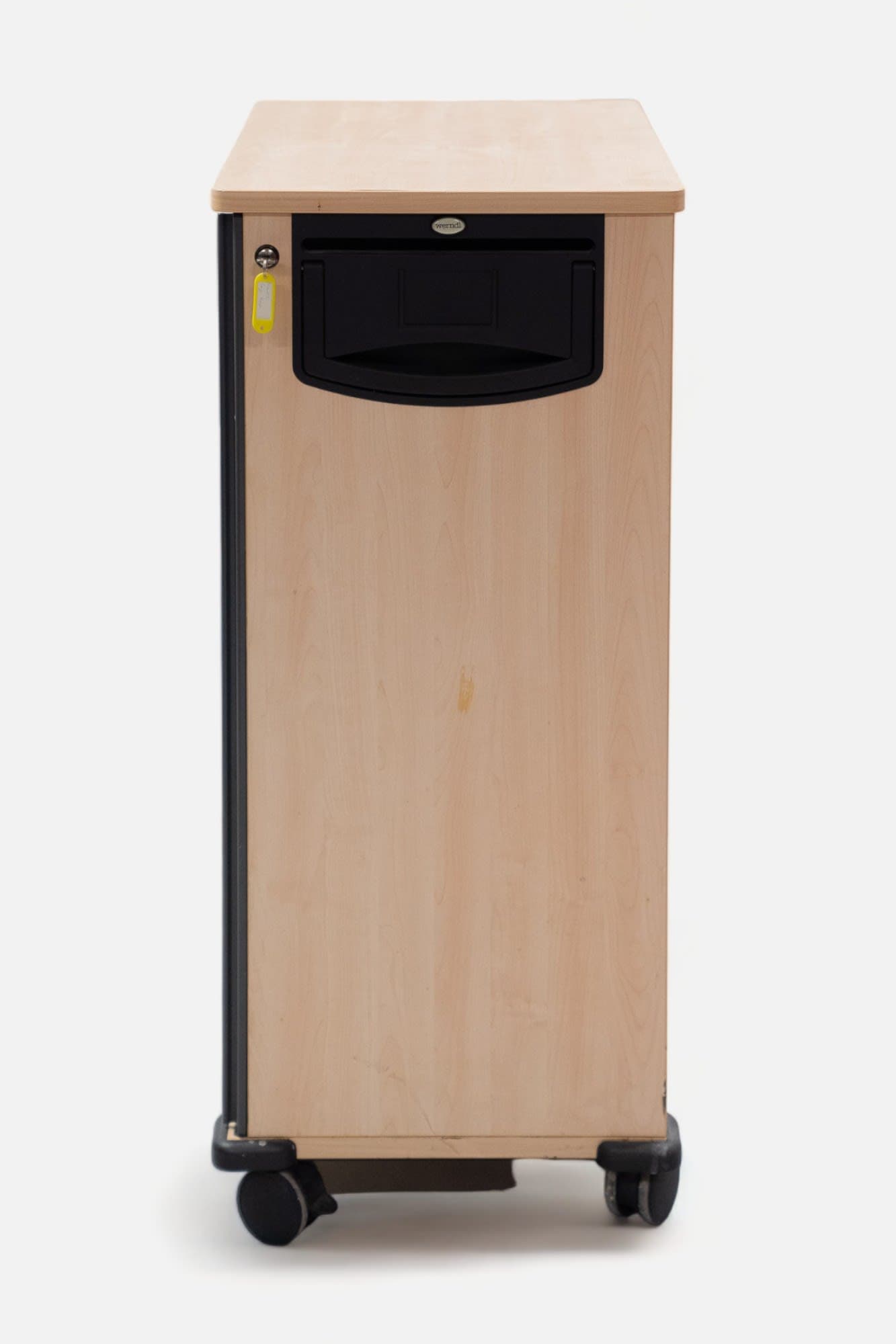 Grey and wooden storage on wheels with key locking system