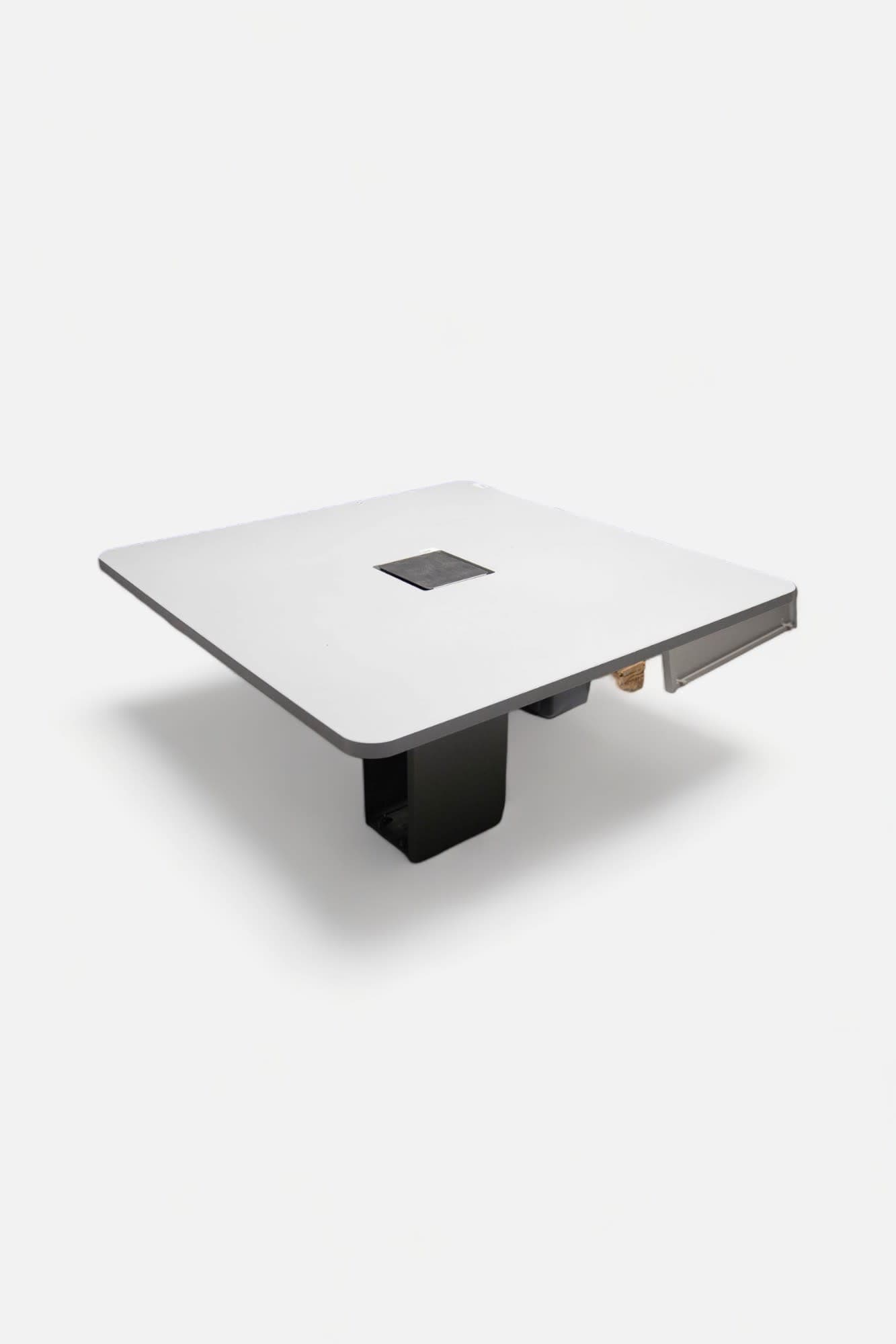 Vergadertafel Bulo Grijs blad op grijze vierkante poot met metalen bladtoegang