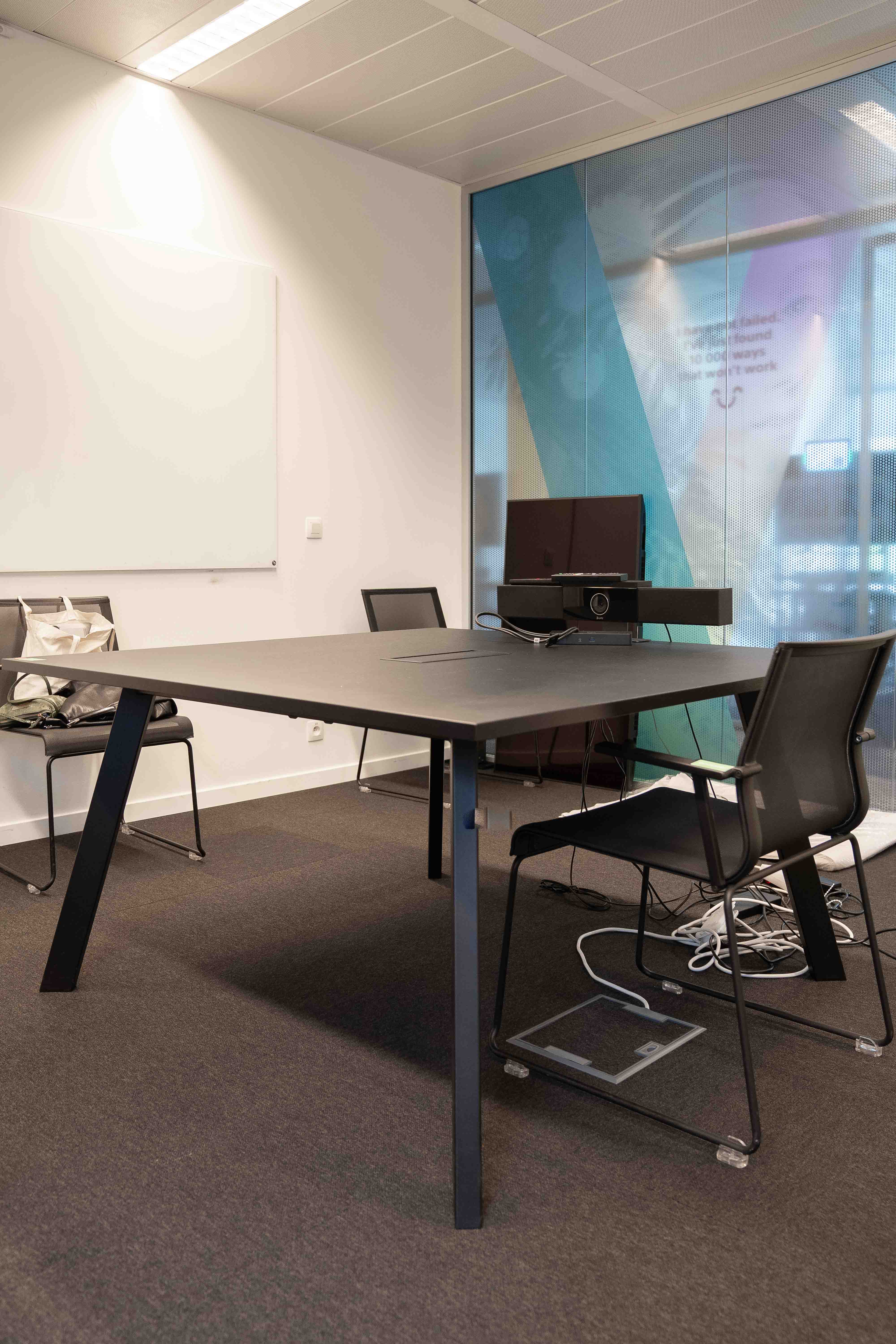 140cm Black Square Wooden Conference Table with Builtin Cable Management System