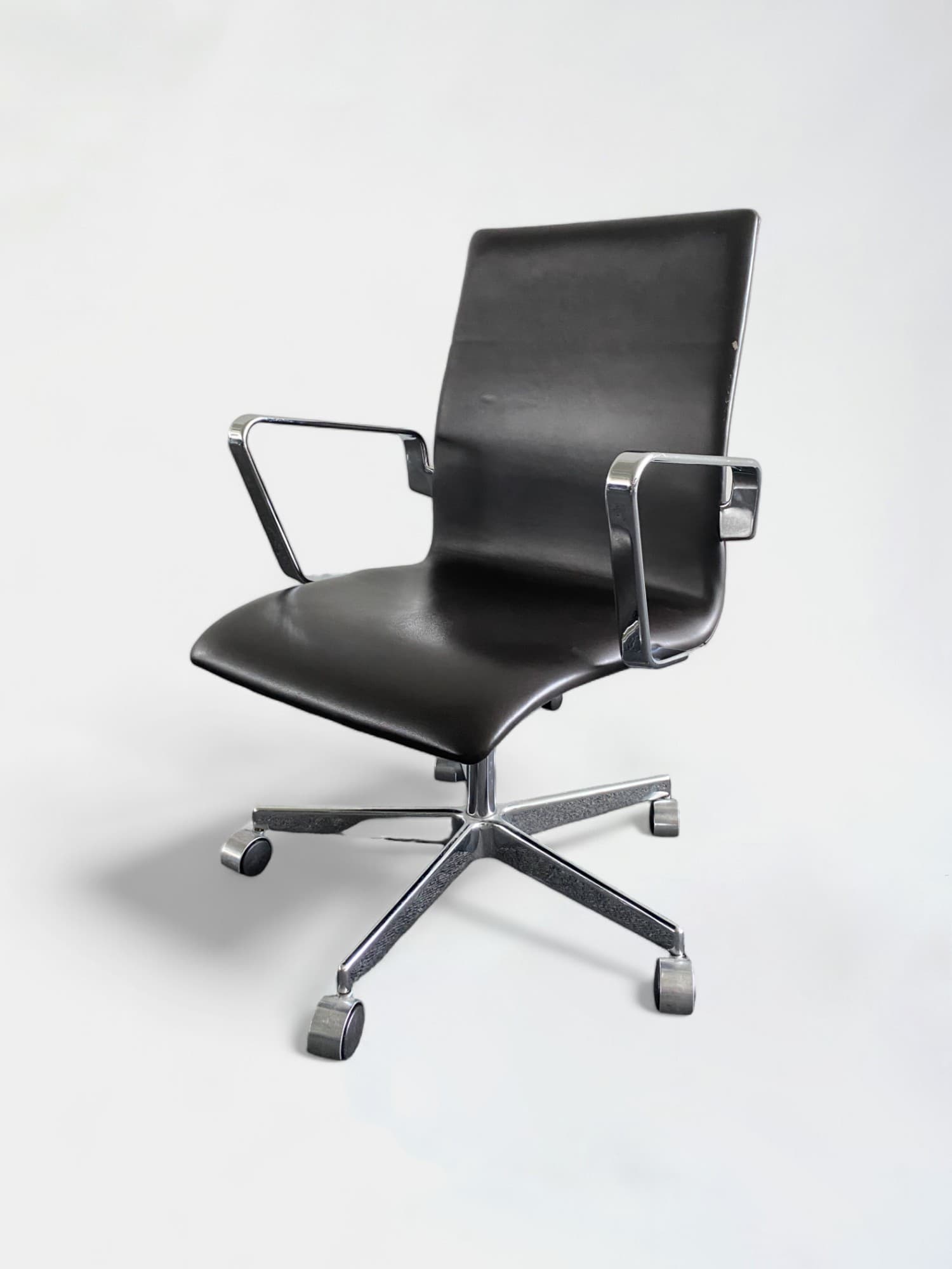 Fritz Hansen Dark Brown Leather Office Chair with Chrome Accents and Wheeled Base