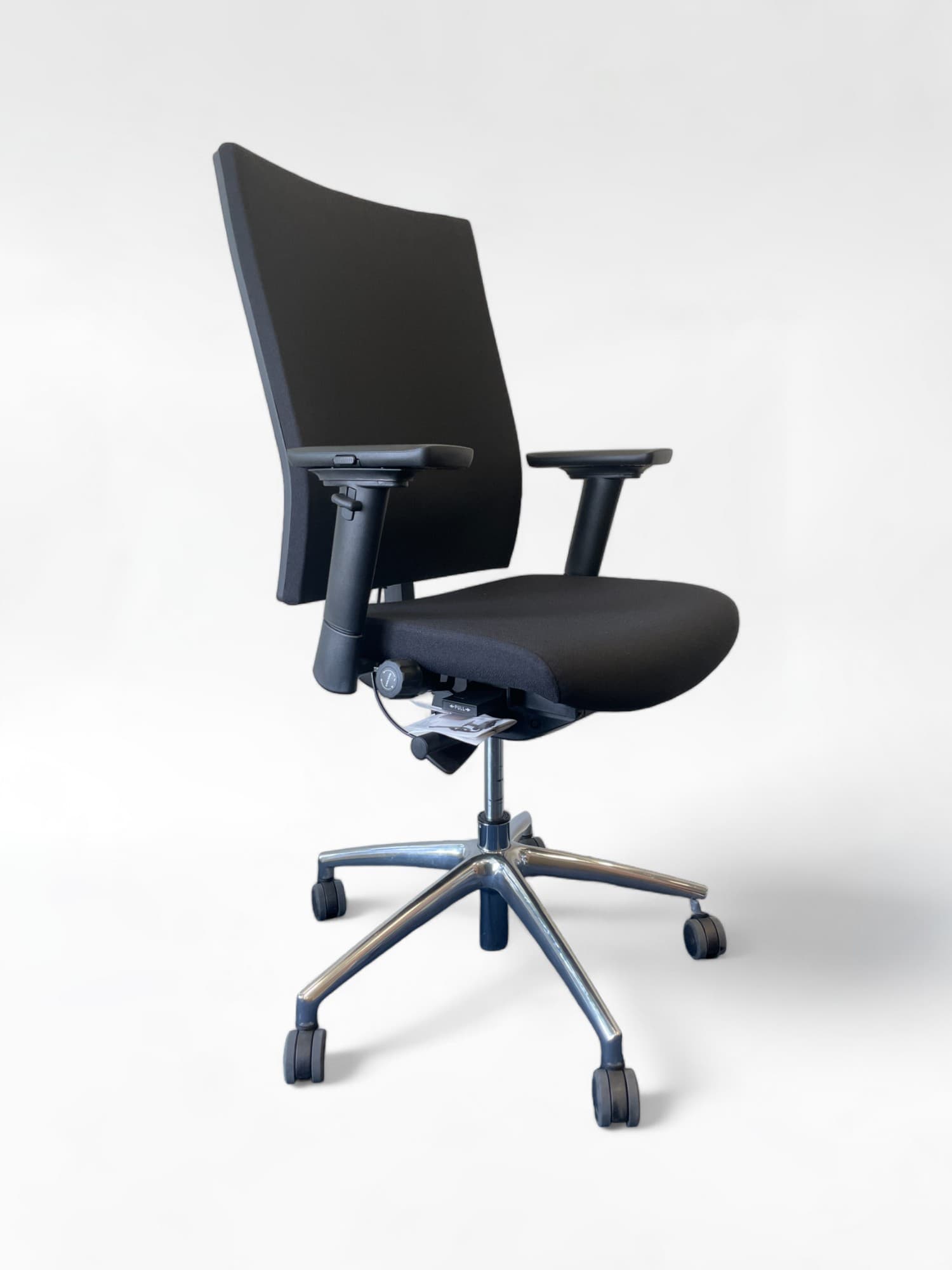 Black fabric office chair with adjustable armrests and a sleek metal frame