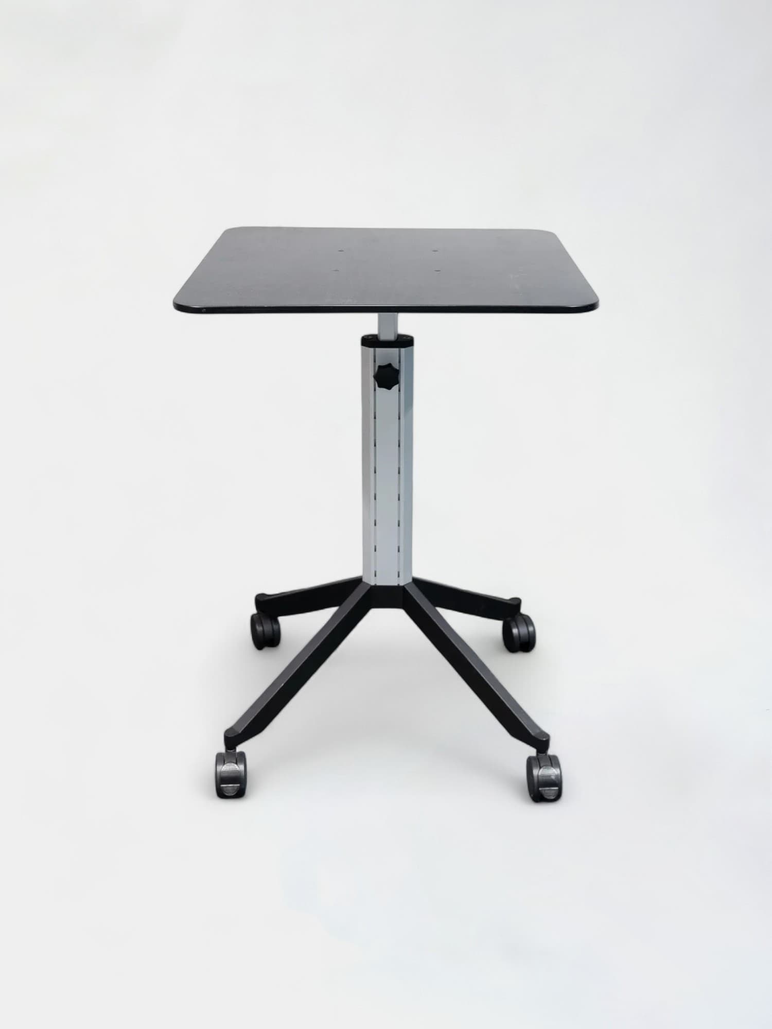 Black mobile table with height-adjustable on wheels