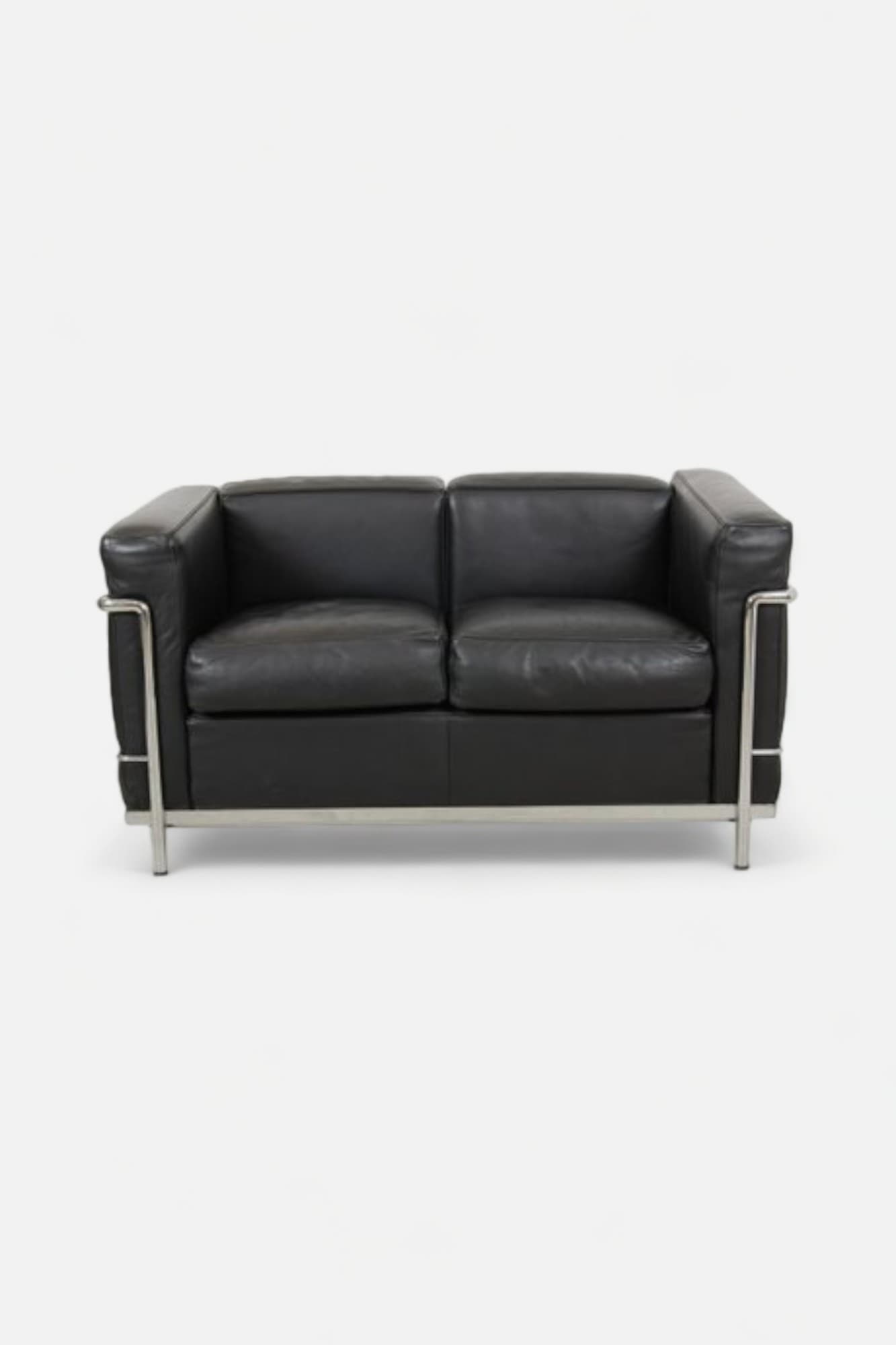 Zwarte leren 2-zitsbank, geïnspireerd door Cassina