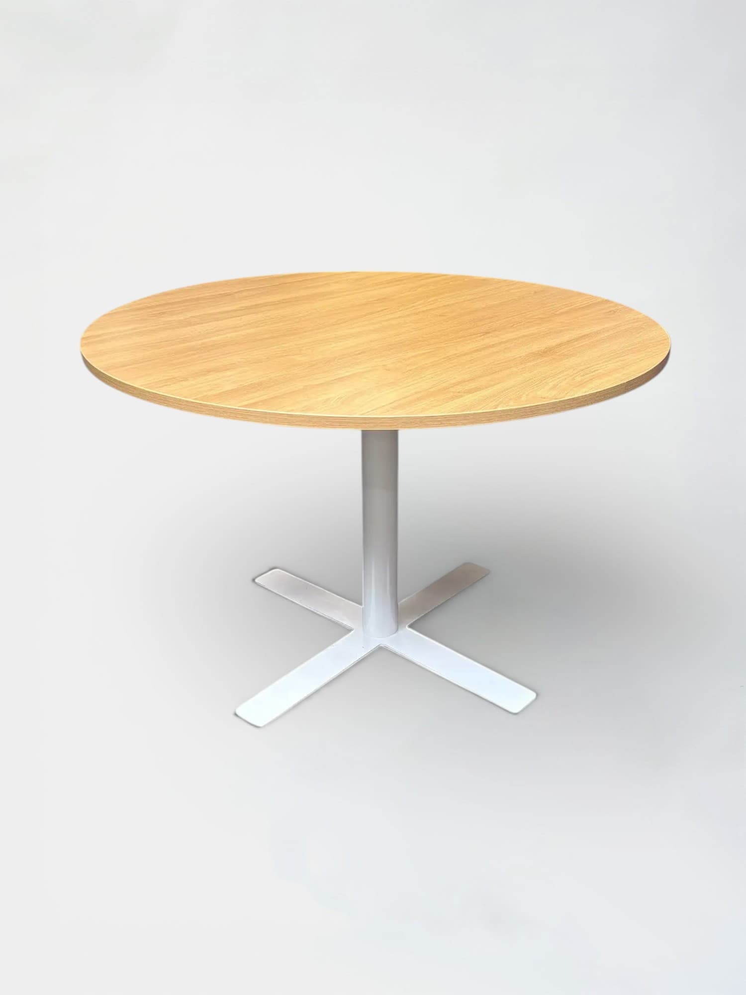 110cm Round Oak Table with White Metal Base
