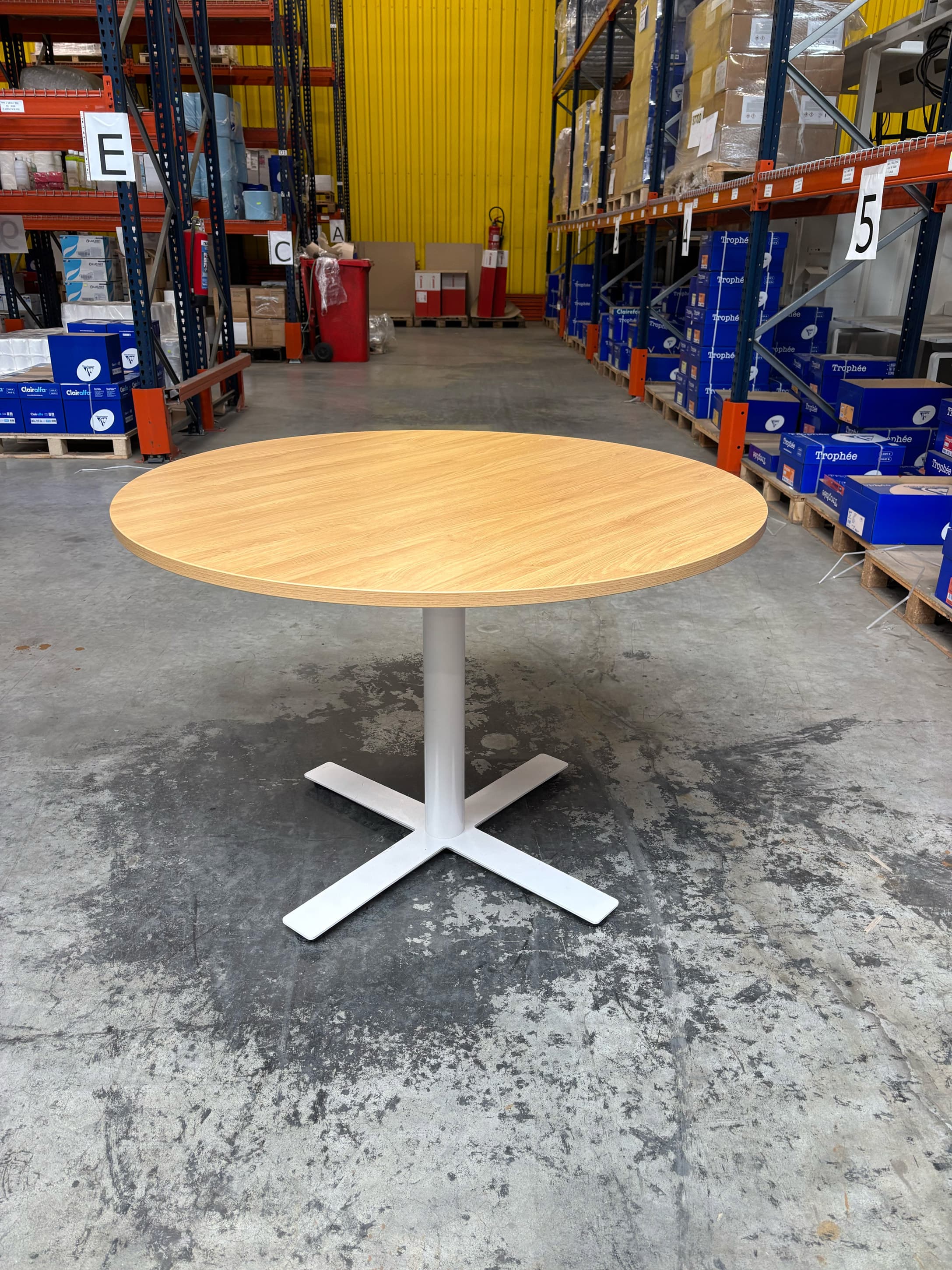 110cm Round Oak Table with White Metal Base