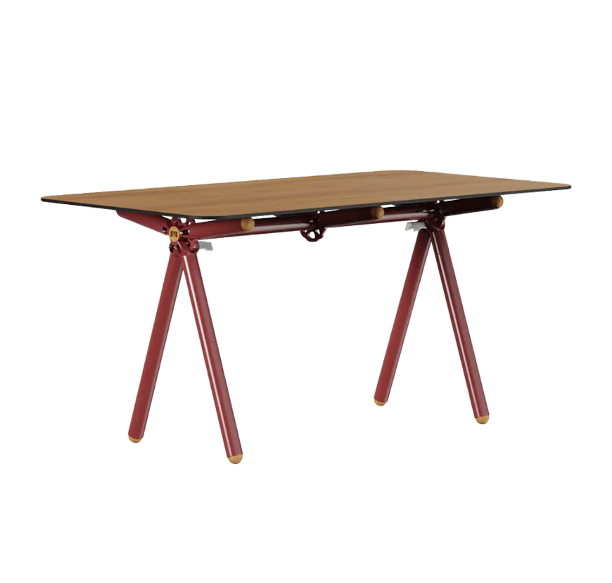 A reused desk with a wooden top and red legs