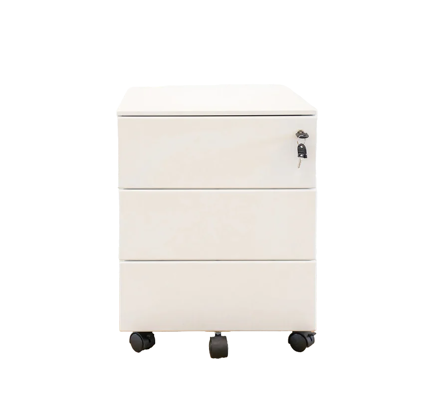 A reused white three-drawer pedestal